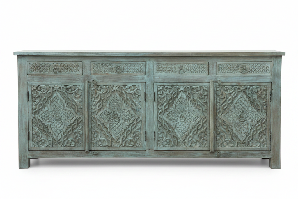 Hand-carved sage teal sideboard – front view white background