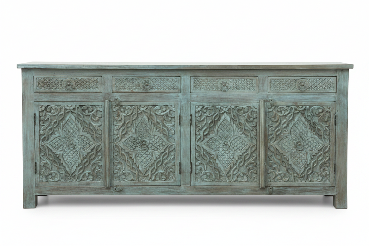 Hand-carved sage teal sideboard – front view white background