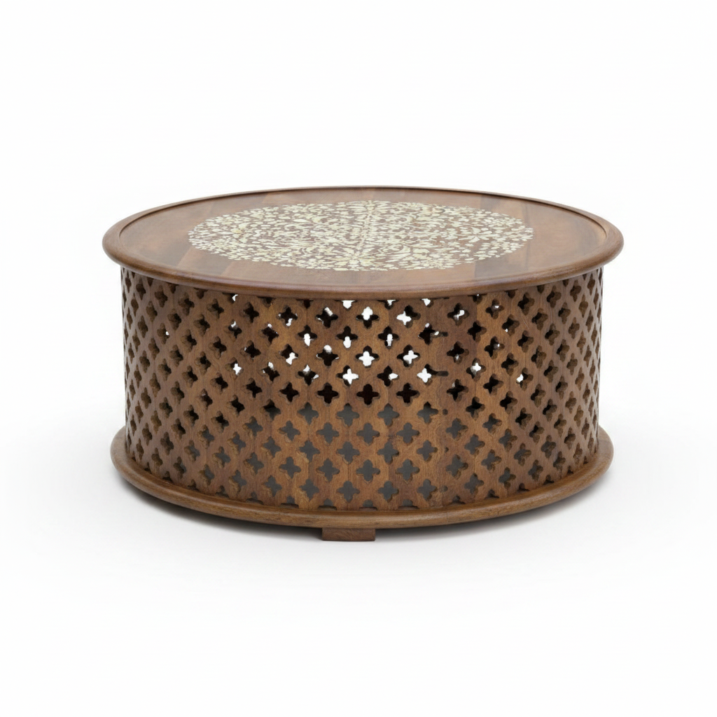Bone inlay drum coffee table – front view white background