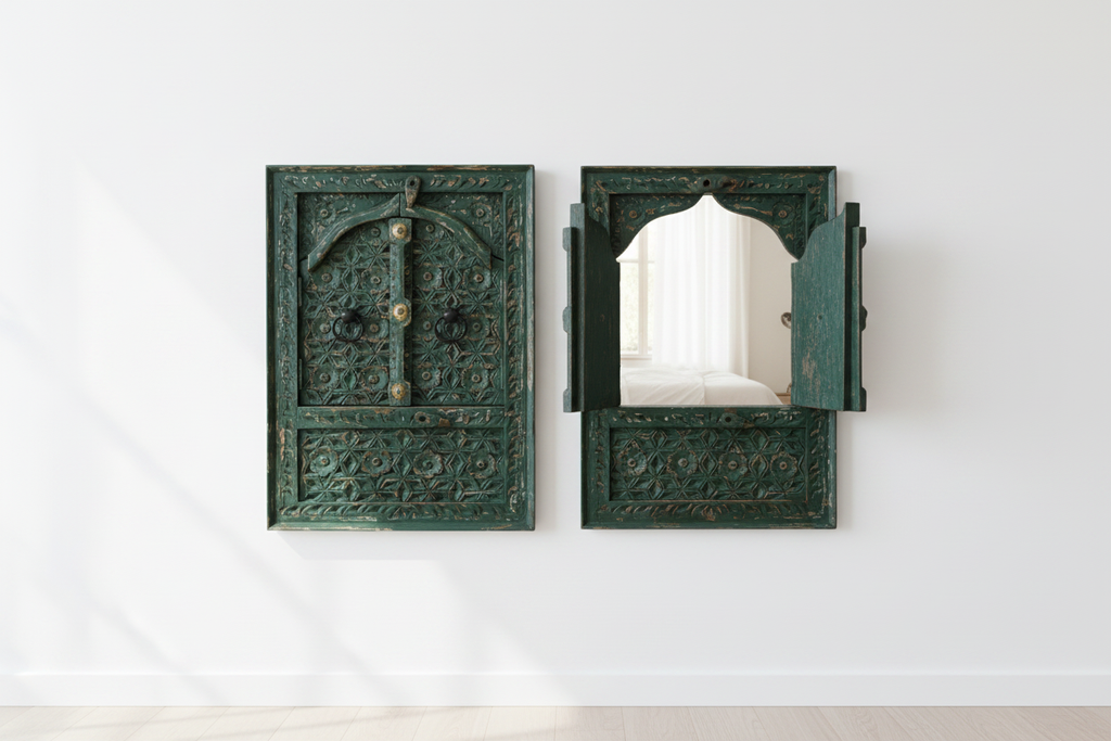 Green Moroccan Jharokha mirrors – one open one closed in minimalist bedroom