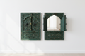 Green Moroccan Jharokha mirrors – one open one closed in minimalist bedroom
