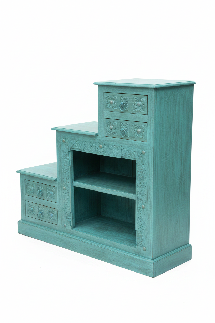 Hand-carved turquoise stepped bookcase – elevated three-quarter white background