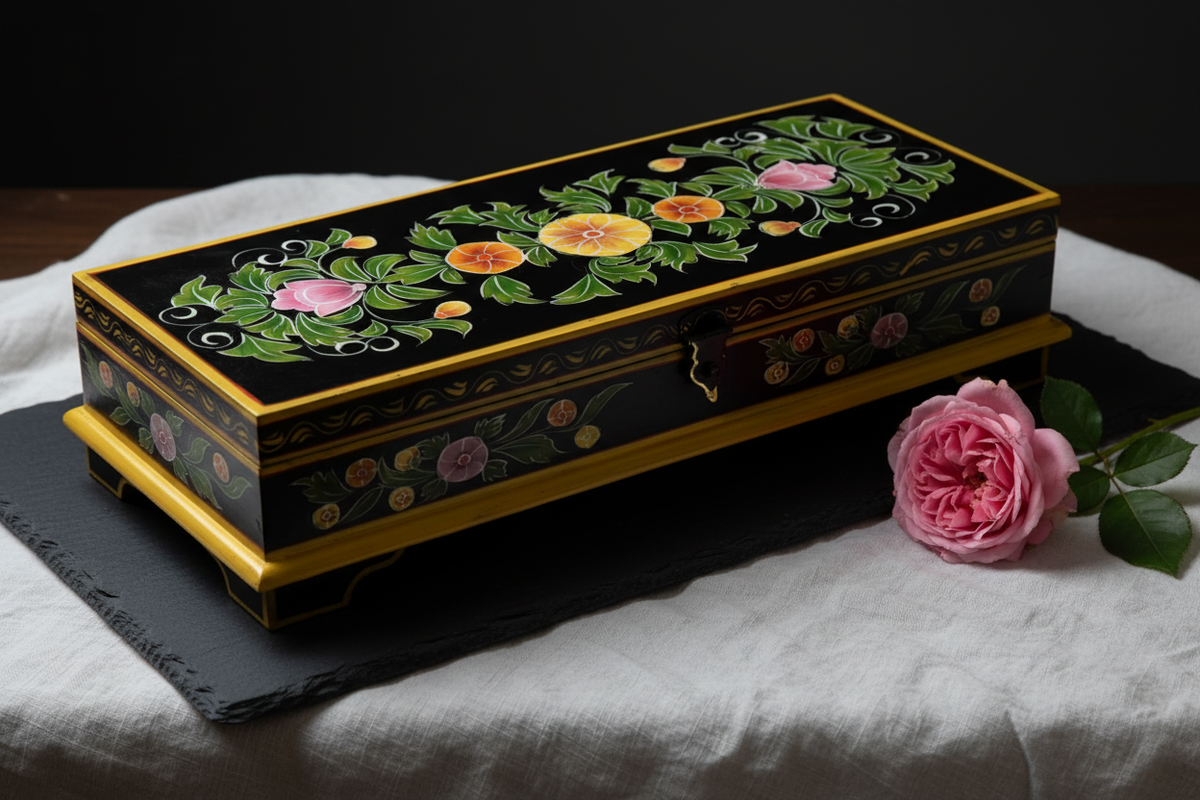Black and gold keepsake box on dark marble surface with white linen and pink rose, moody studio light