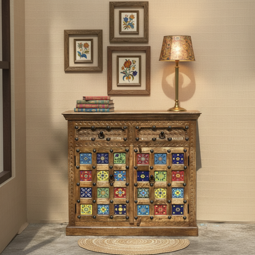 Blue Pottery tile sideboard – bohemian hallway with framed art above