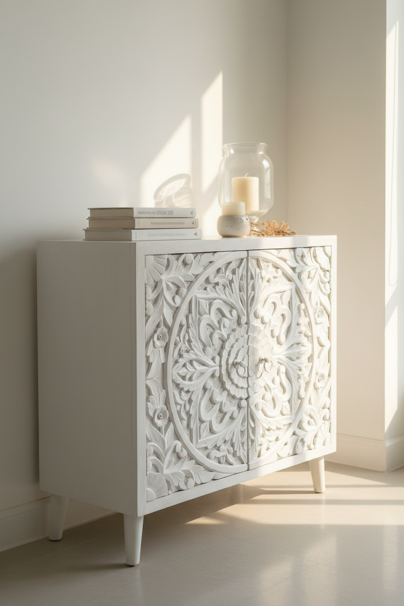 Hand-carved all-white medallion cabinet – right angle in bright living room