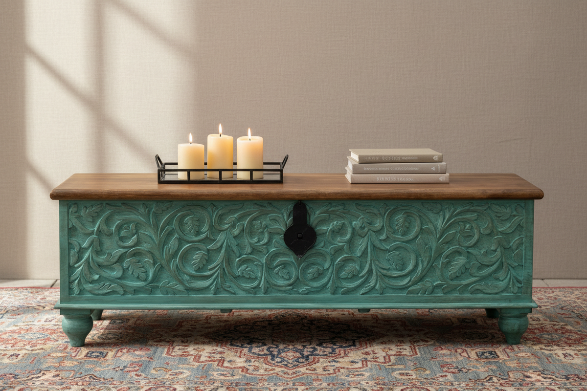 Hand-carved turquoise mango wood storage trunk – front hero in warm living room