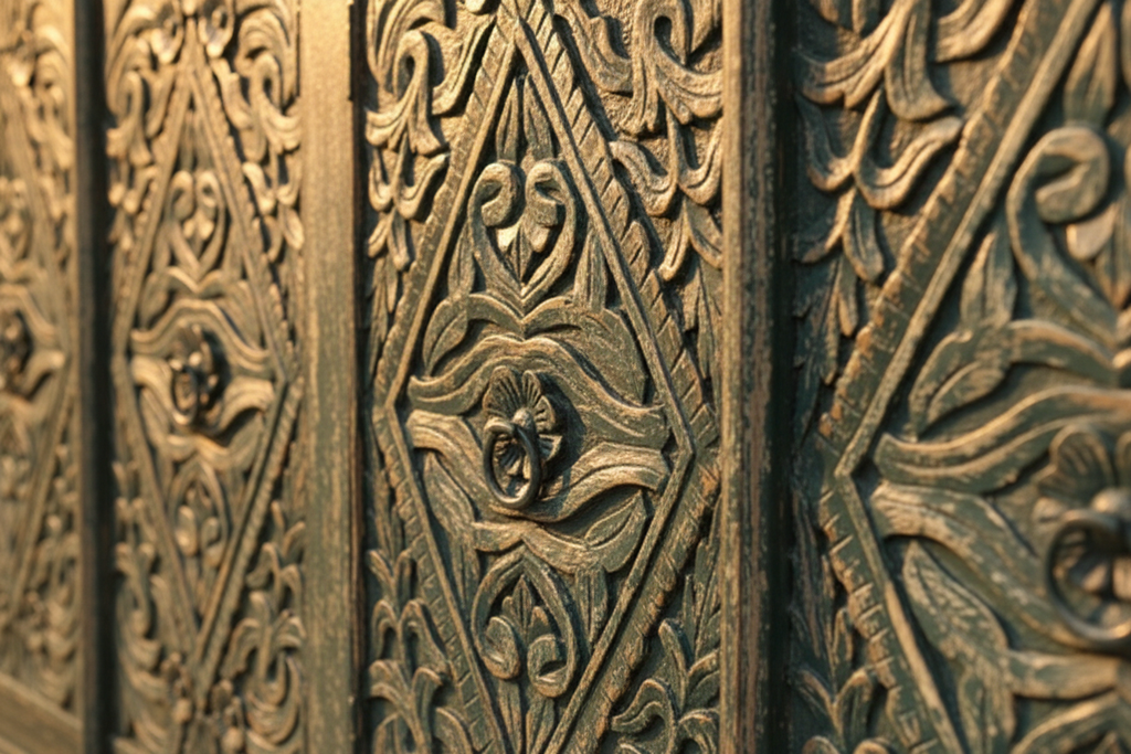 Close-up of hand-carved diamond lattice and floral vine on teal sideboard door panel