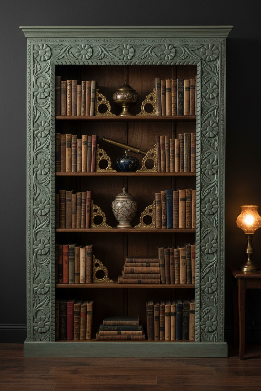 Teal carved bookcase – moody dark room with atmospheric warm lamp light and richly styled shelves