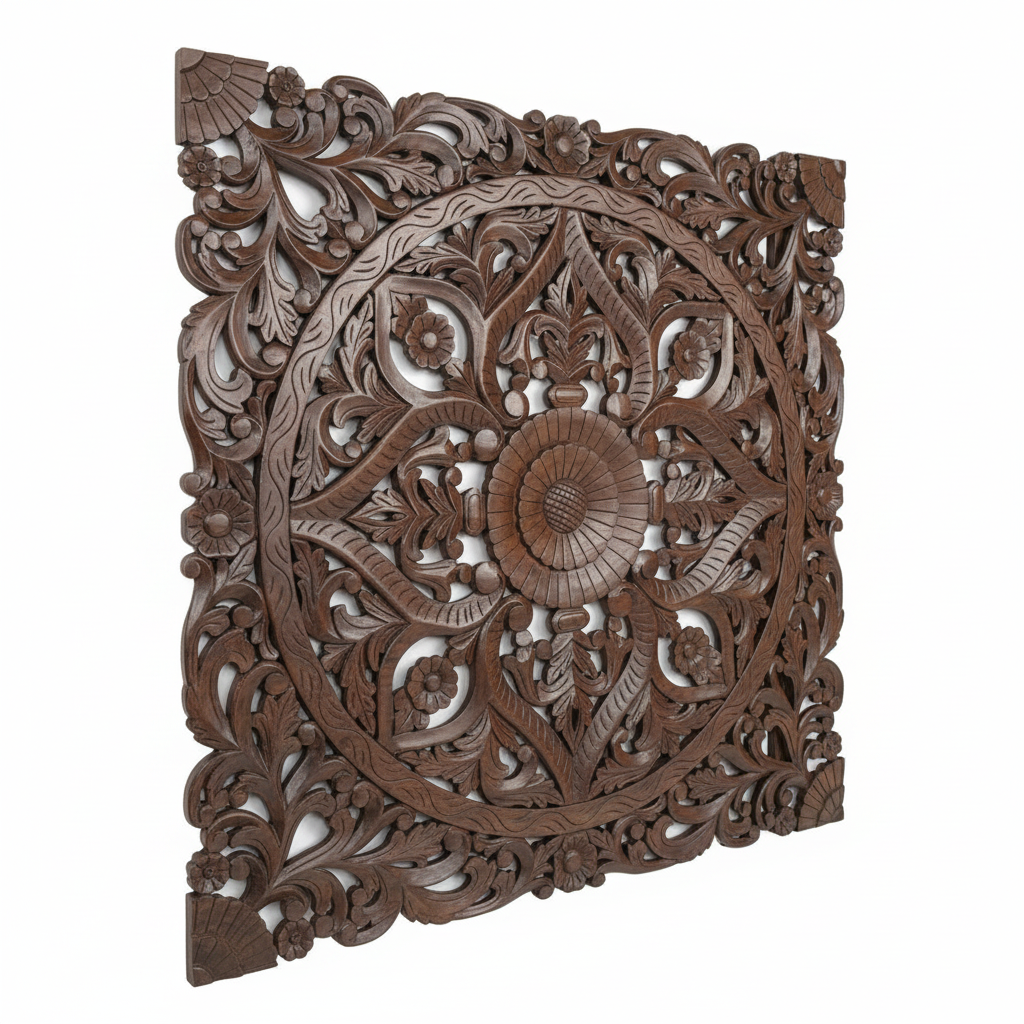 Dark wood mandala wall panel II – elevated three-quarter white background