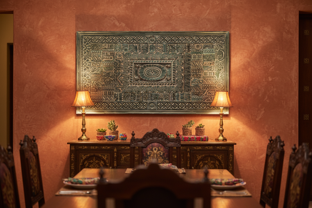 Geometric teal wall panel – Rajasthani dining room hung above sideboard with amber lamp light
