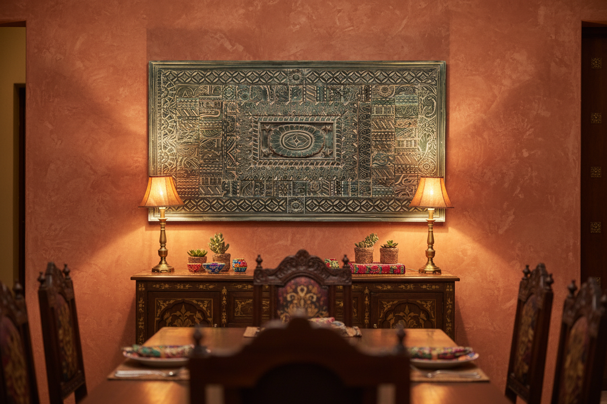 Geometric teal wall panel – Rajasthani dining room hung above sideboard with amber lamp light
