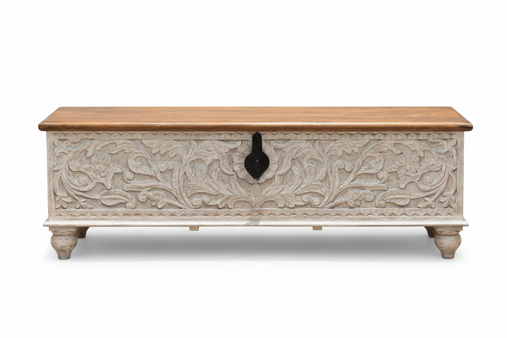 Hand-carved whitewash storage trunk – front view white background