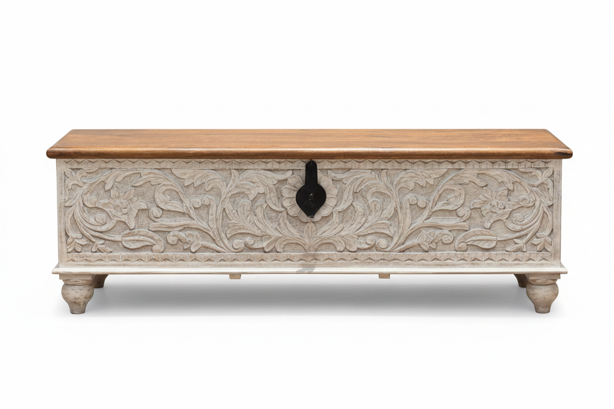 Hand-carved whitewash storage trunk – front view white background