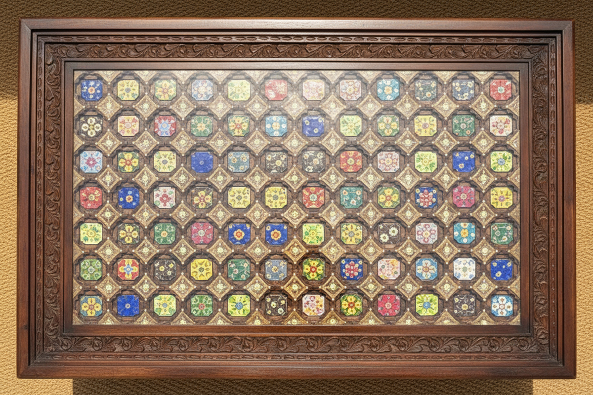 Top-down flatlay of jharokha table showing full multicolour enamel roundel jali surface
