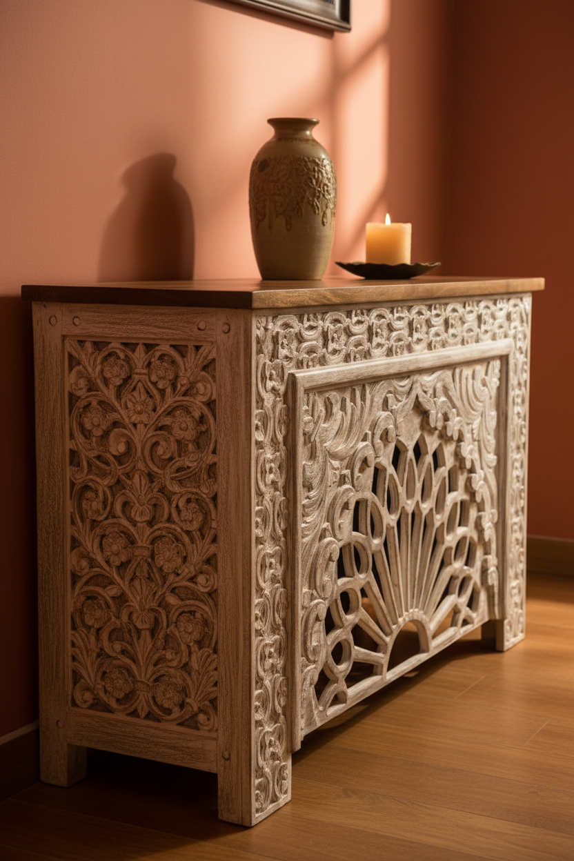 Hand-carved whitewash sunburst cabinet – left angle in terracotta entryway