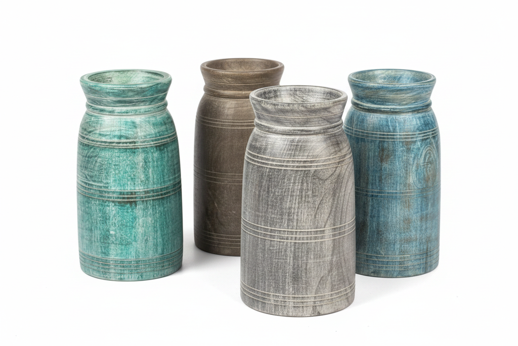 Four distressed wood vases in loose grouping – white background