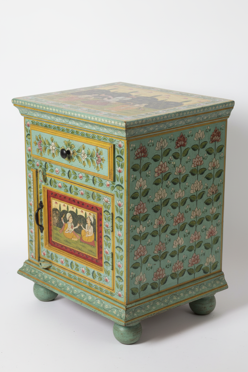 Mughal miniature teal cabinet – 45-degree angle white wall natural light