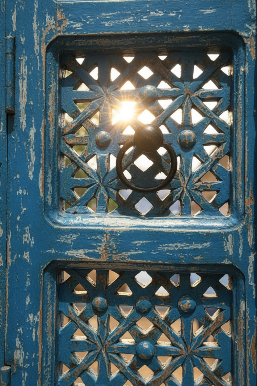 Close-up of hand-carved open geometric star and cross jali fretwork in cobalt blue
