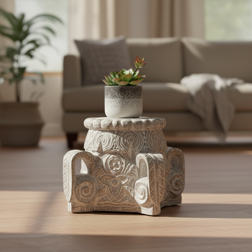 Antique white pedestal stool – hero on wood floor with plant and candle