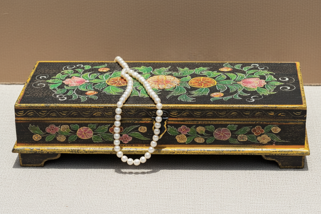 Black and gold medallion floral keepsake box on cream linen with pearl string draped over lid