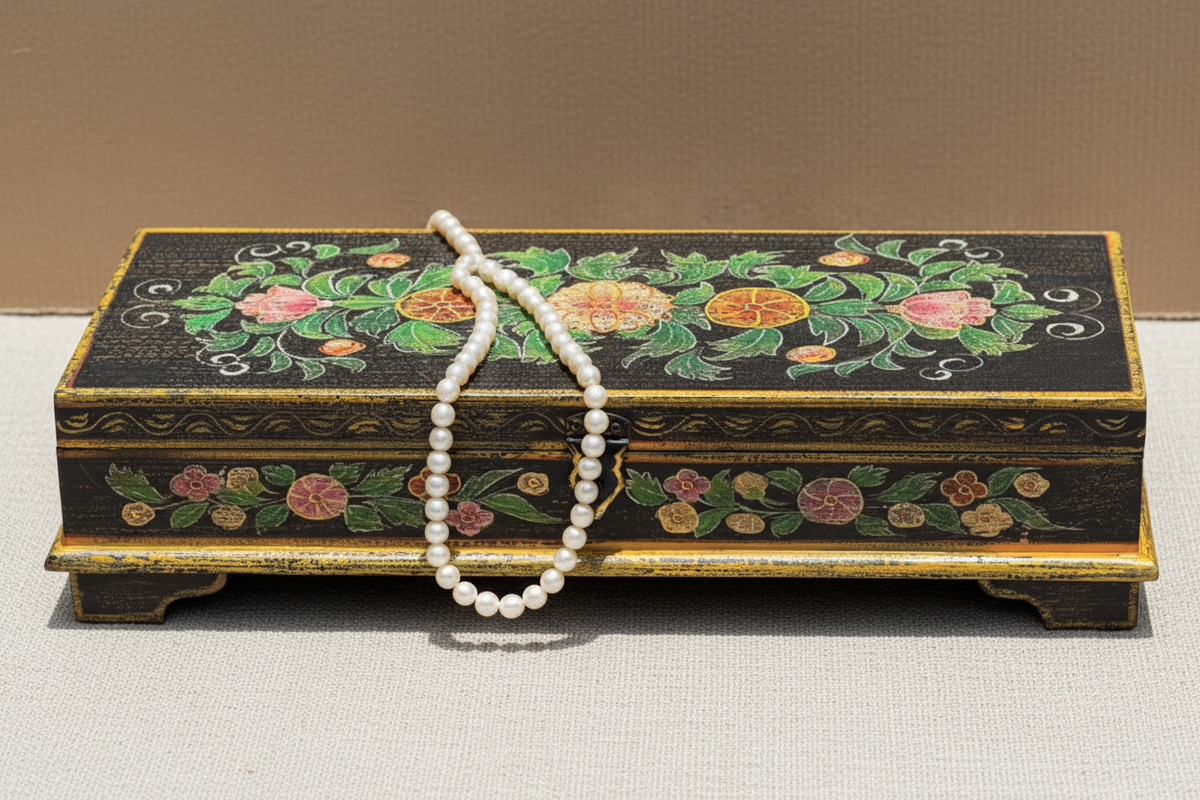 Black and gold medallion floral keepsake box on cream linen with pearl string draped over lid