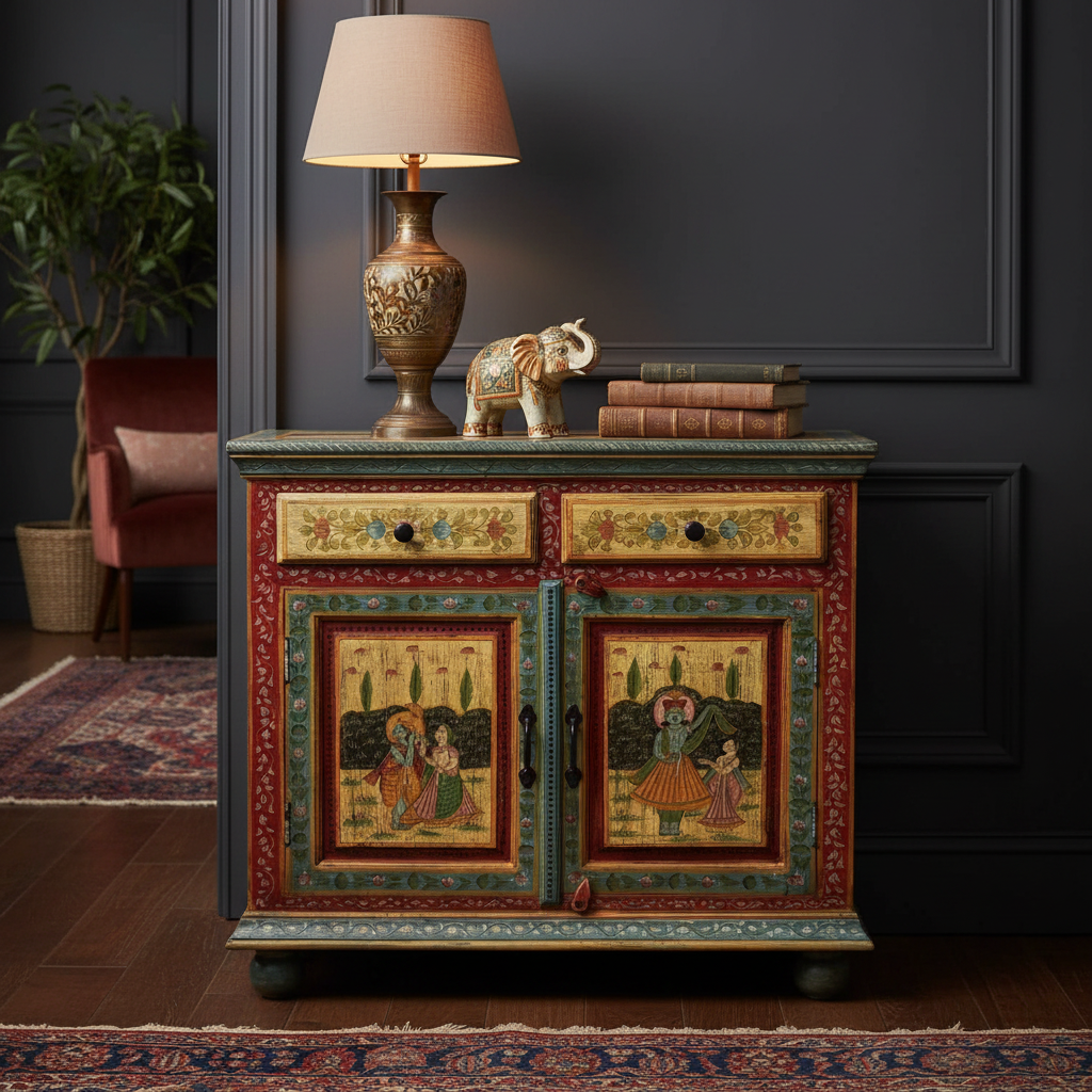 Mughal miniature cabinet – hero as sideboard in grand eclectic living room with dark walls