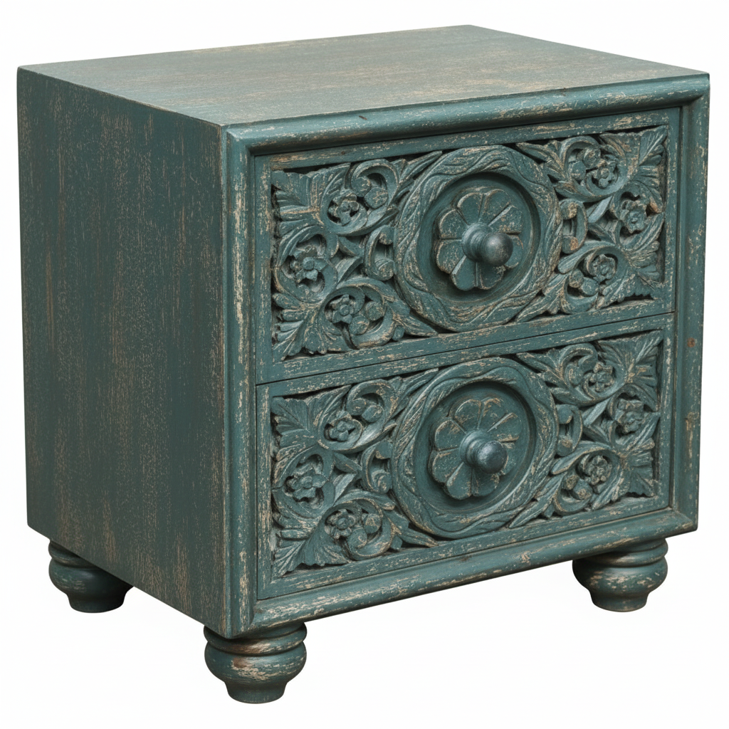 Teal two-drawer bedside chest – 45-degree angle white background