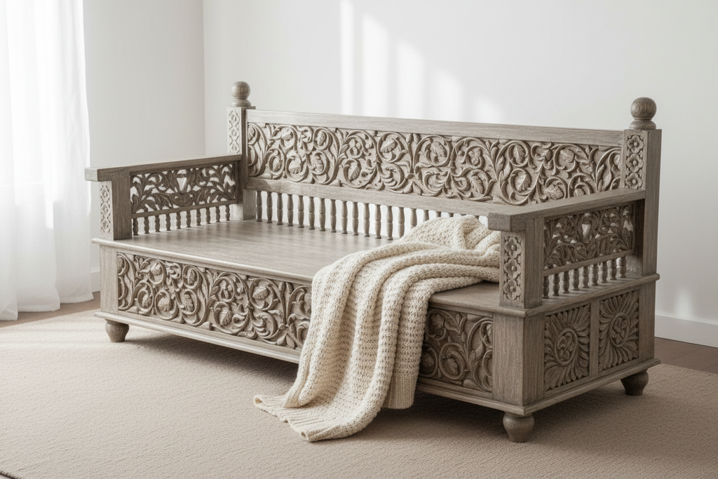Rajasthani daybed bench – front-left angle in minimalist bedroom