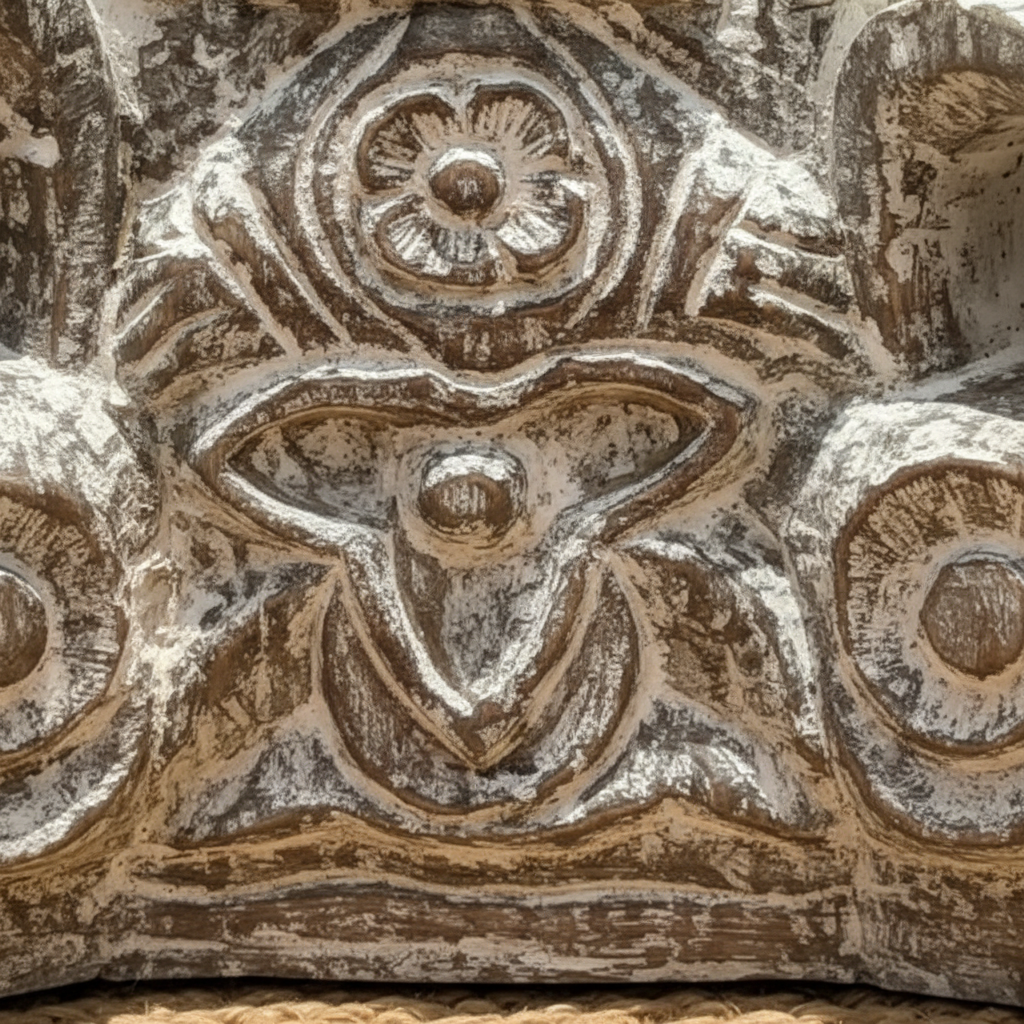 Close-up of hand-carved scrolling acanthus spiral vine and central flower on stool face panel