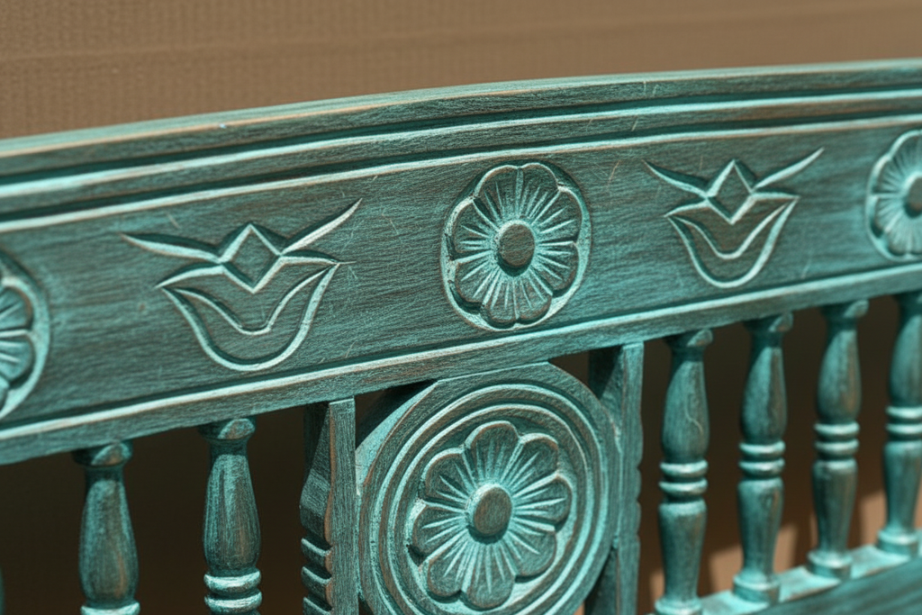 Close-up of hand-carved bird and floral motifs on dark teal mango wood bench