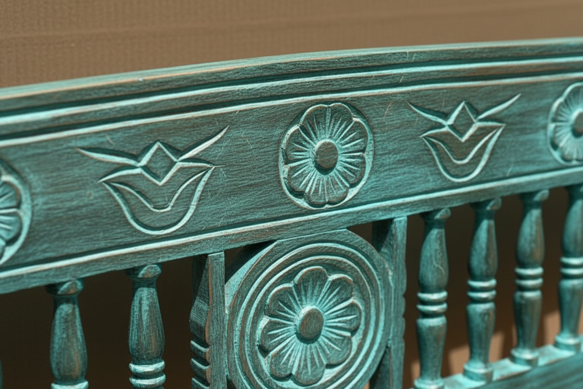 Close-up of hand-carved bird and floral motifs on dark teal mango wood bench