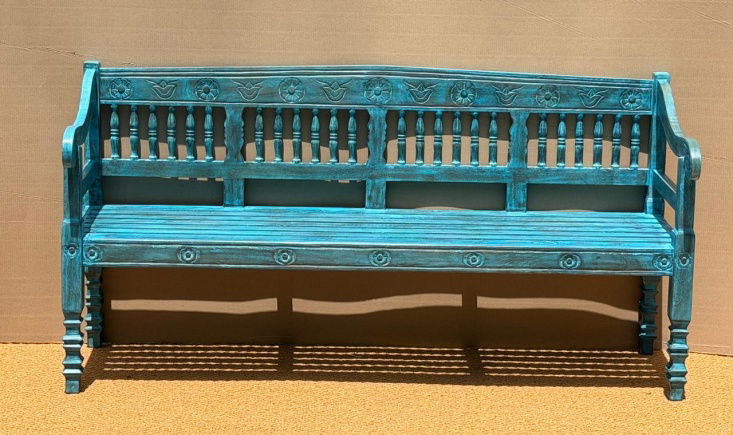 Original hand-carved turquoise mango wood bench