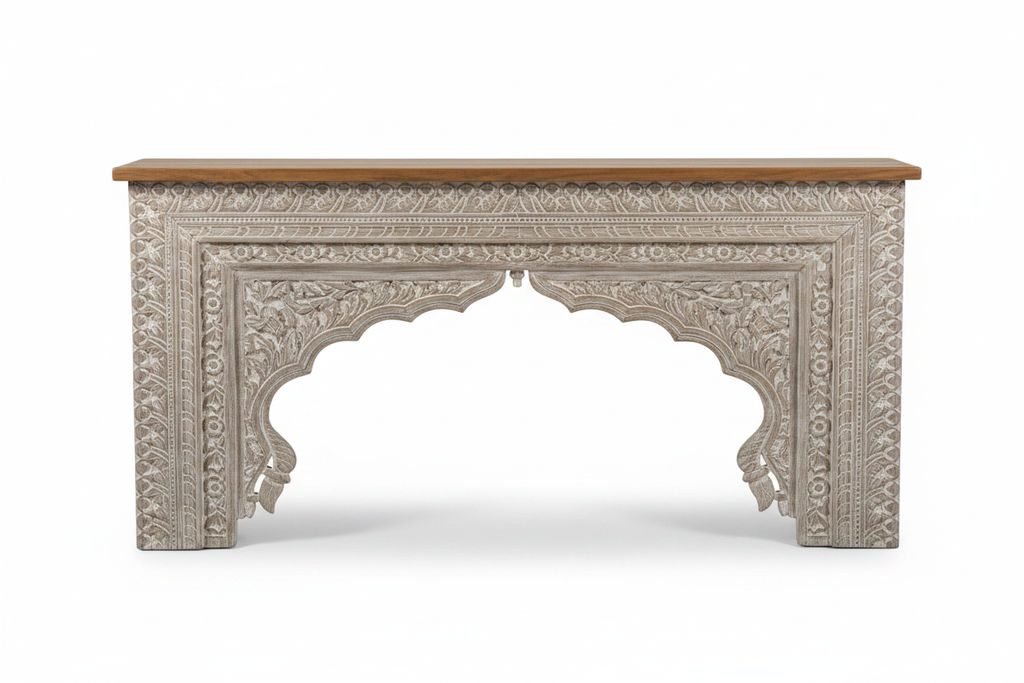 Hand-carved whitewash Mughal arch console table – front view white background