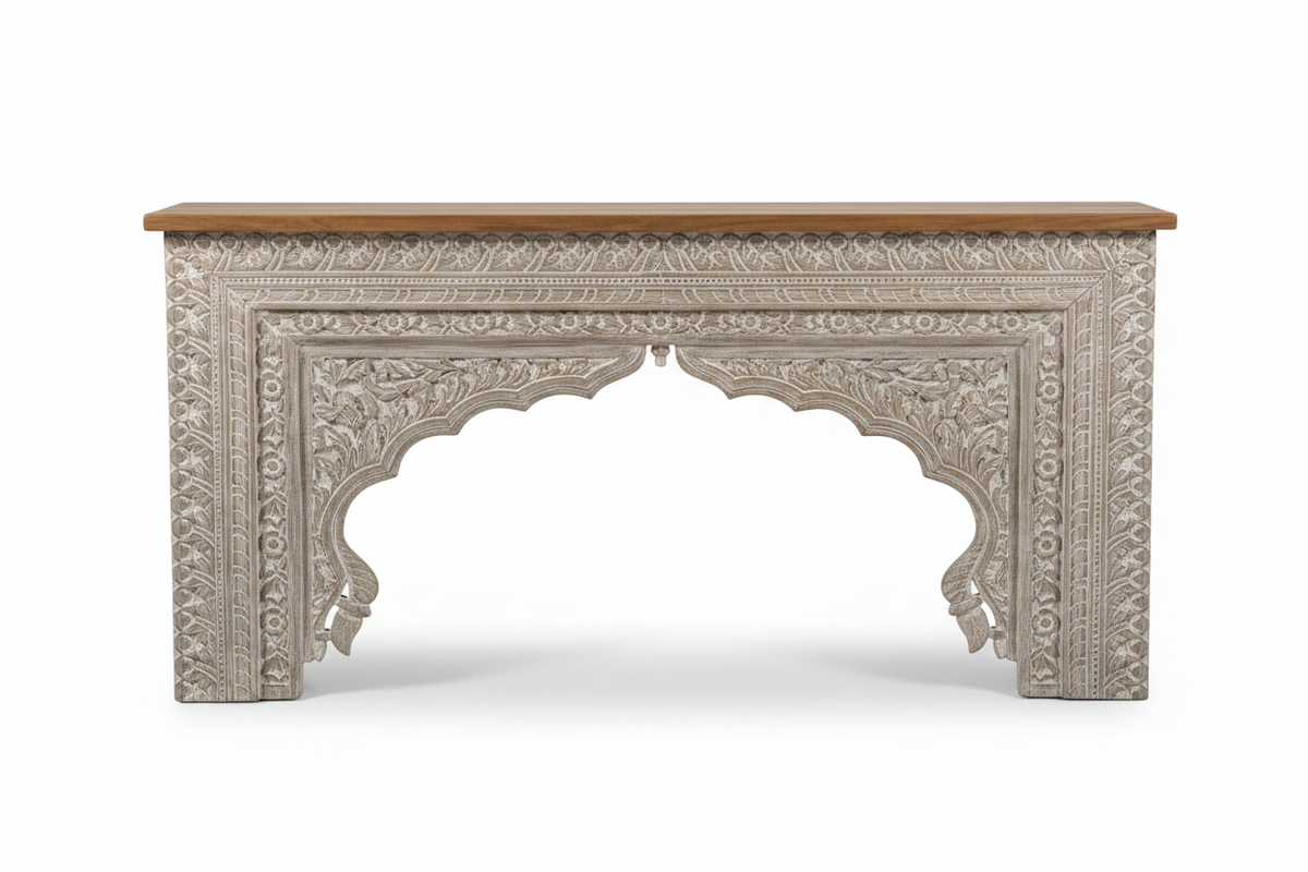 Hand-carved whitewash Mughal arch console table – front view white background