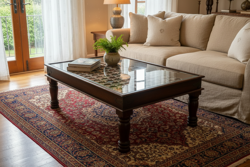 Mango Wood Coffee Table with Hand-Painted Ceramic Tile Top, Glass Cover and Brass Accents in upscale living room setting