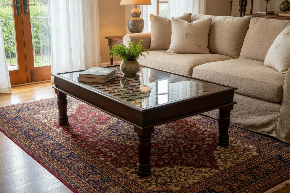Mango Wood Coffee Table with Hand-Painted Ceramic Tile Top, Glass Cover and Brass Accents in upscale living room setting