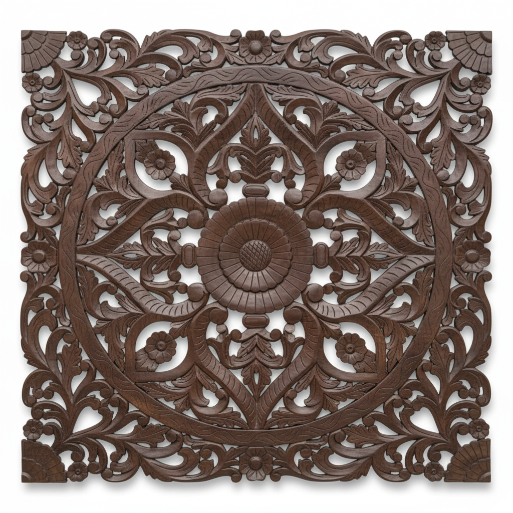 Dark wood mandala wall panel II – front view white background