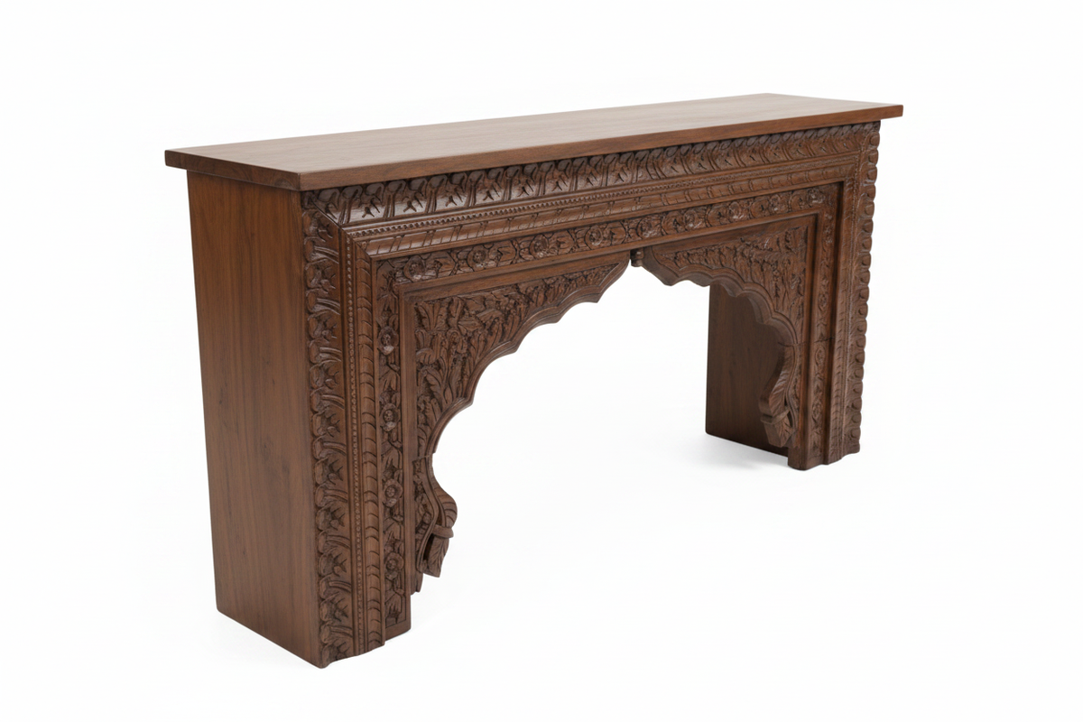 Hand-carved Mughal arch console table – left angle white background