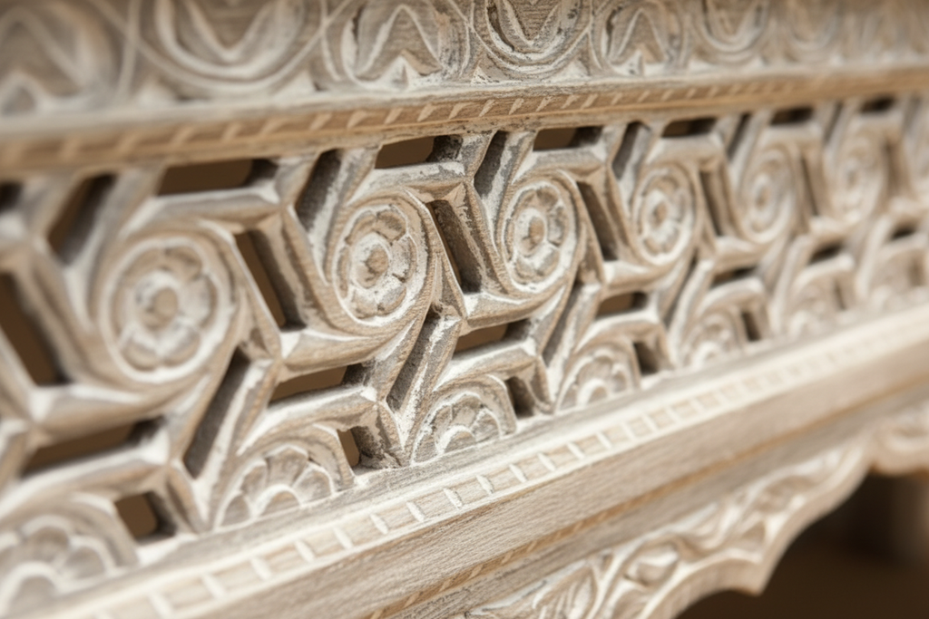 Close-up of hand-carved geometric fretwork and floral vine detail on whitewash console table