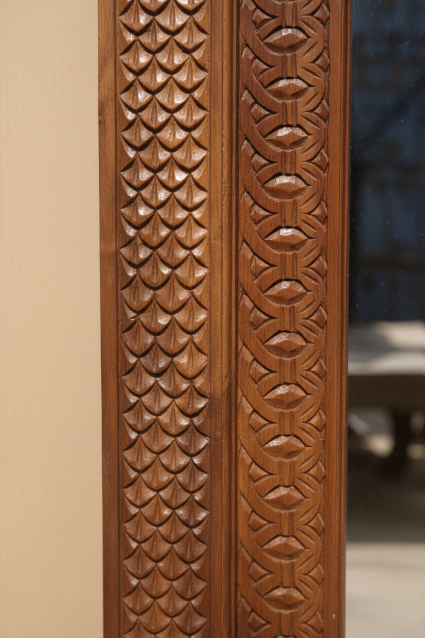 Close-up of hand-carved dense petal scale repeat and rope-twist border on natural mango wood frame