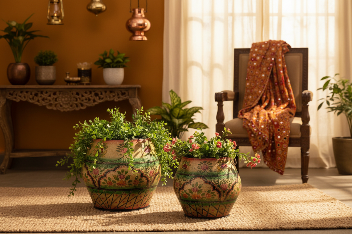 Two ivory cream round belly planters in warm Rajasthani living room with plants growing inside
