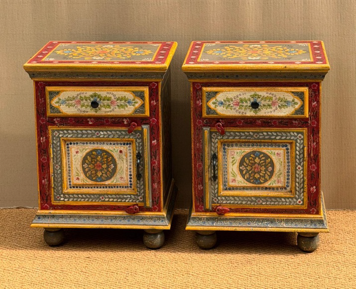 Original hand-painted Rajasthani crimson and gold bedside tables set of 2