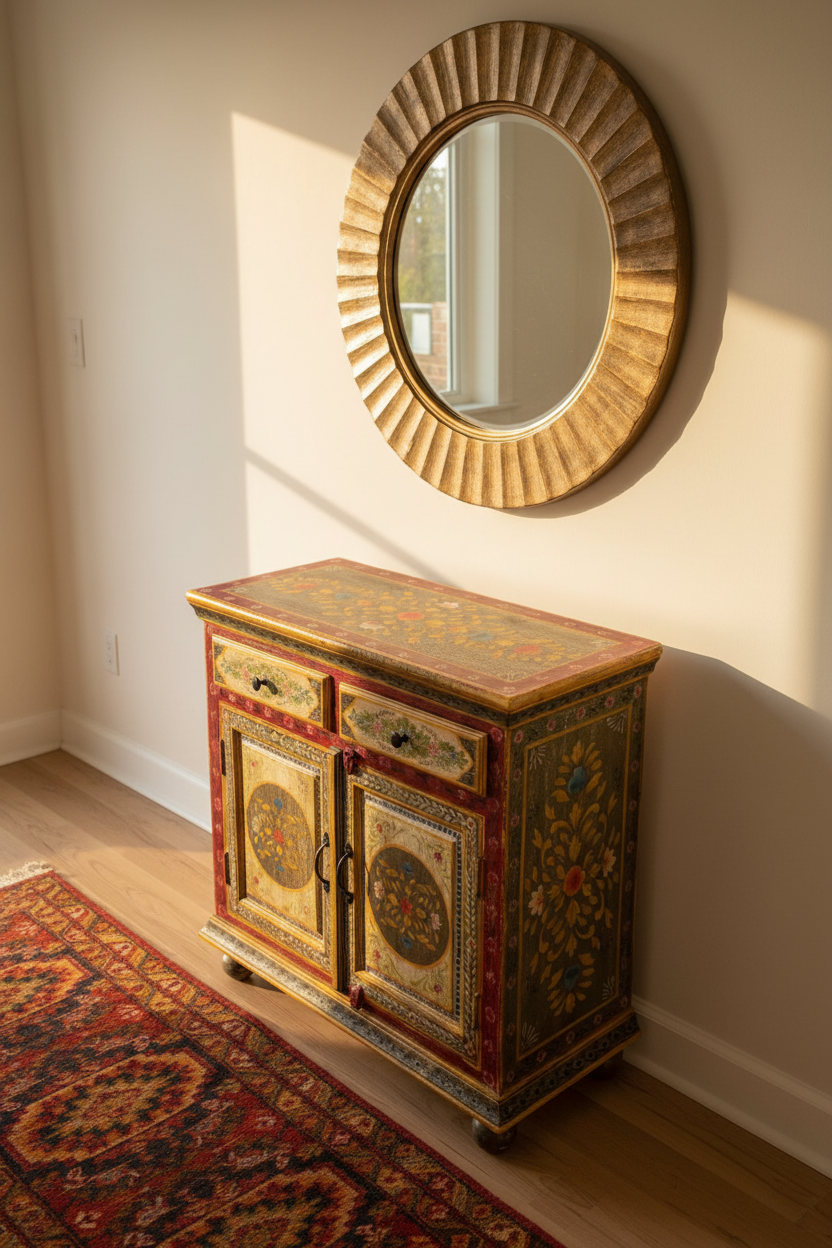 Hand-painted Rajasthani mandala sideboard – top corner view in hallway
