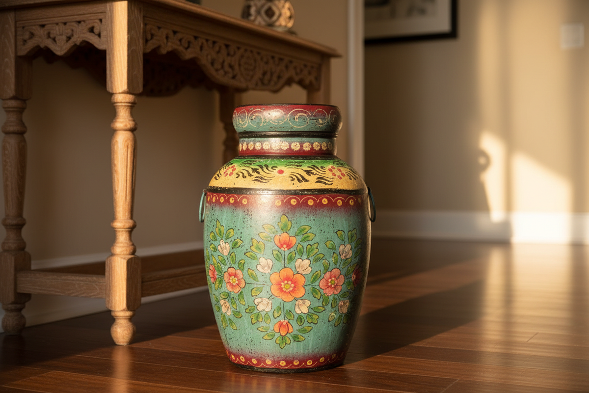 Large teal floral metal urn vase alone in warm entryway beside carved wooden console