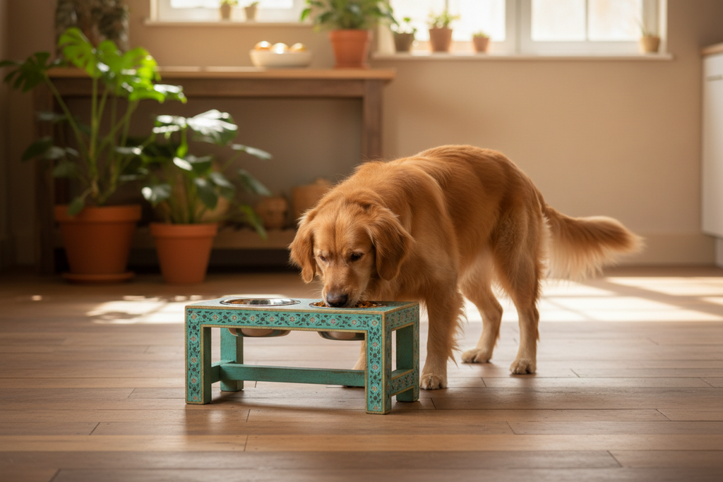 Teal Rajasthani dog bowl stand with dog eating, warm timber kitchen