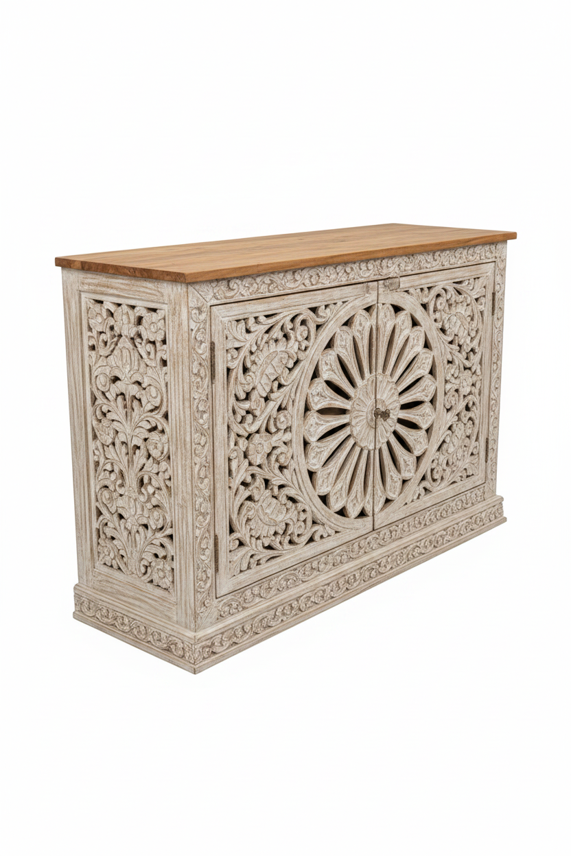 Hand-carved whitewash sunburst cabinet – left angle white background