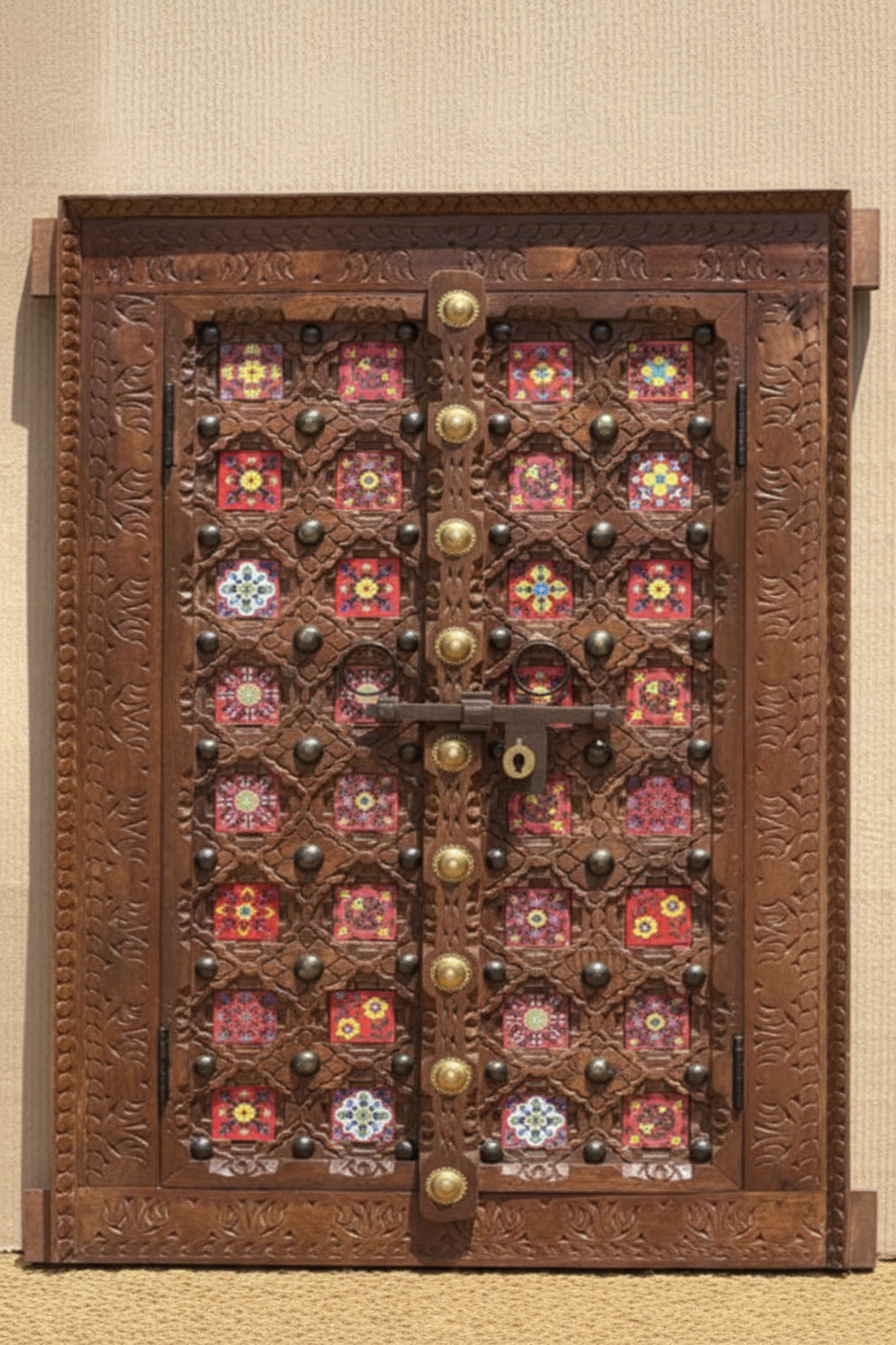 Copper brown double-door wall panel with pink glass tiles – front hero in warm entryway