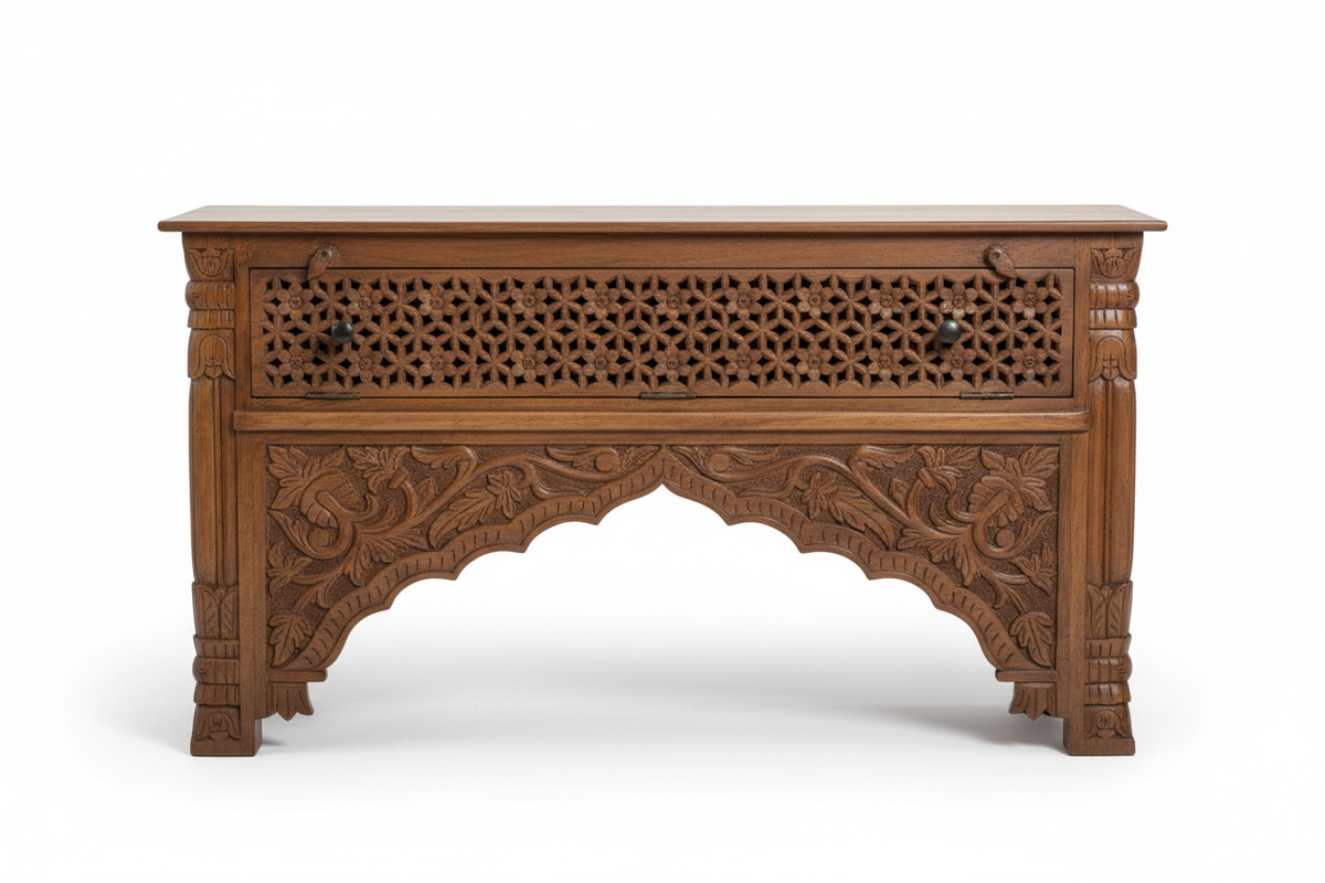 Hand-carved natural mango wood console table – front view white background