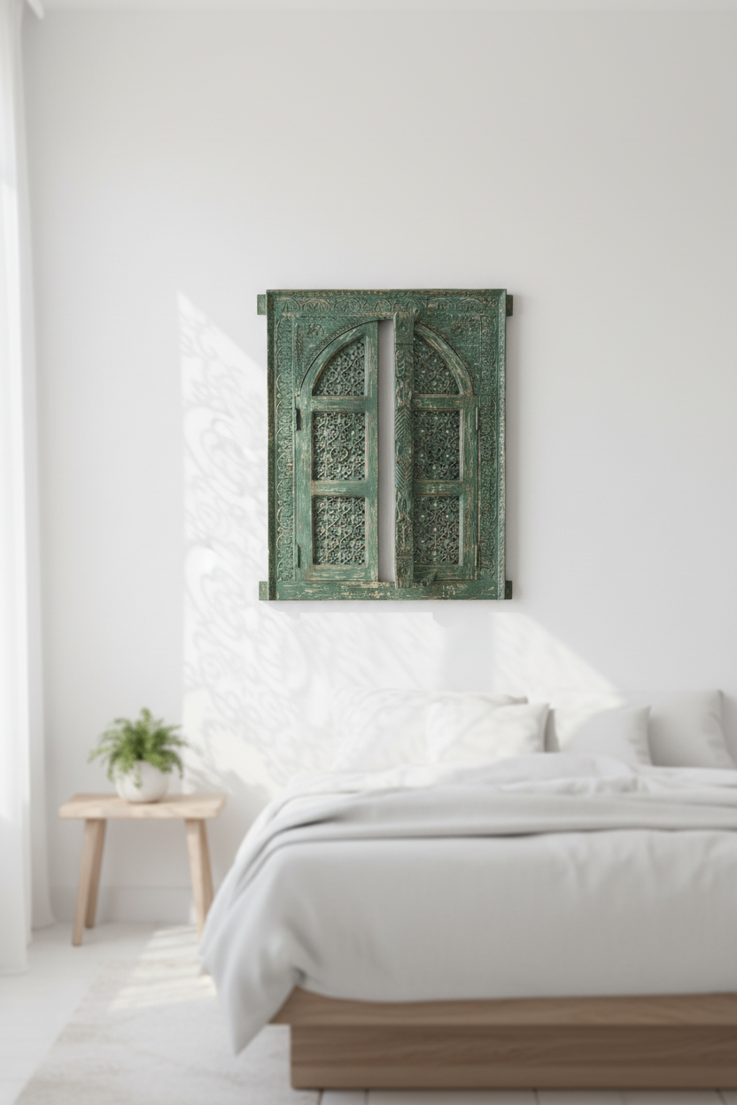 Antique sage green jali wall panel – white wall with delicate jali shadow patterns