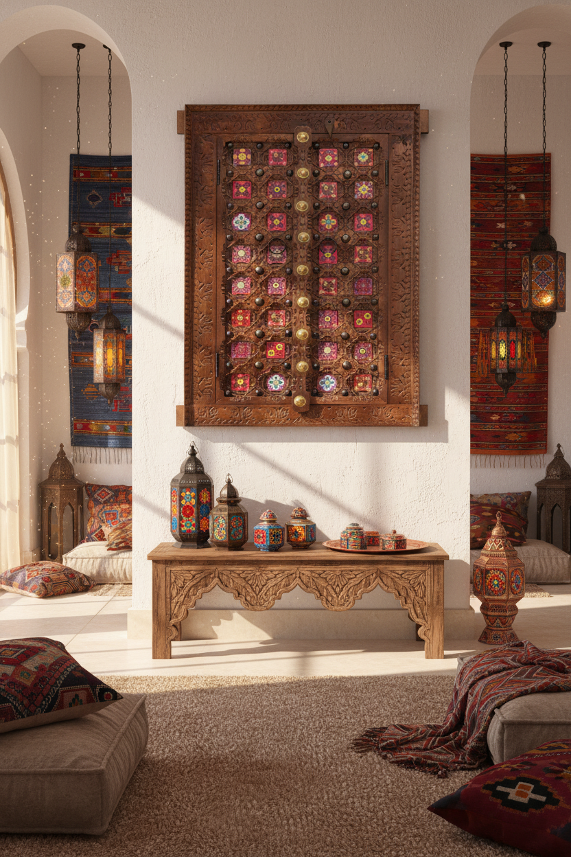 Copper brown double-door wall panel – Moroccan-inspired living room